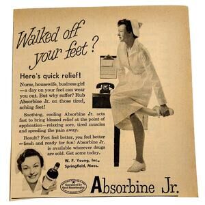 1958 Absorbine Jr Nurse Foot Relief Vtg Magazine Print Ad White Uniform‎ Scene